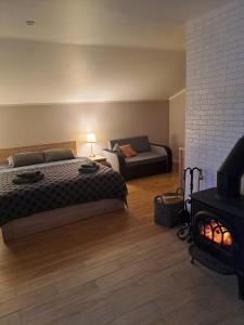 um quarto com uma cama, um sofá e uma lareira em Rožu iela em Sigulda