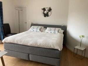 sypialnia z dużym łóżkiem z niebiesko-białymi poduszkami w obiekcie Studio Bergblick w mieście Eschenbach