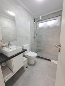 a bathroom with a toilet and a sink and a shower at Kevin&Jessica Rooms in Giarmata