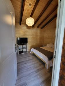 a bedroom with a bed and a television and a chandelier at Casa Rural de Rafael Cabañas de Madera in Venturada