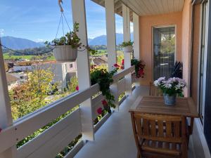 a balcony with flowerpots and a table with a view at Studio Bergblick in Eschenbach