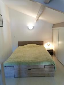サン・ジャン・ド・モンにあるLe Cosy d'Edenのベッドルーム1室(大型ベッド1台、緑の毛布付)