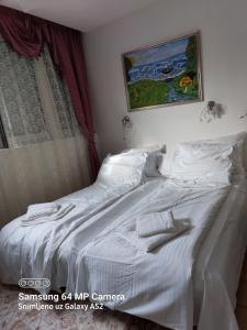 Cama blanca en habitación con ventana en Apartment Daca Stan, en Belgrado
