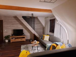 Apartments 'Niko' في Waldsee: غرفة معيشة مع أريكة وتلفزيون
