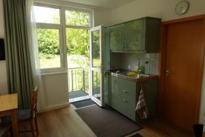 a kitchen with green cabinets and a large window at Campus Apartment Ernst in Dresden