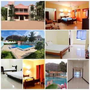 a collage of photos of a resort with a pool at Alps Residency in Madurai