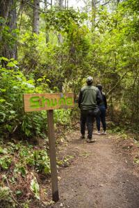 two people walking on a trail in the woods at Cotan Ecolodge in La Esperanza