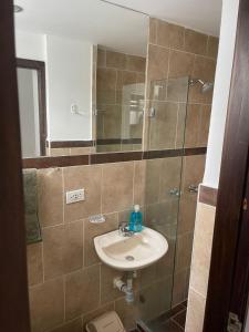 La salle de bains est pourvue d'un lavabo et d'une douche. dans l'établissement Medellin cerca a plaza mayor, à Medellín