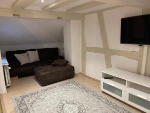a living room with a couch and a flat screen tv at Das Haus am Limburger Dom in Limburg an der Lahn