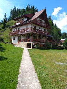 a large house with a pathway in front of it at Pensiunea Roua Diminetilor in Ruşca