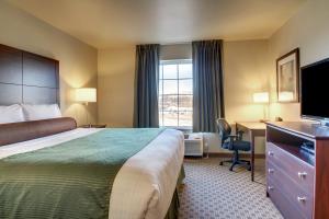 a hotel room with a bed and a desk and a television at Cobblestone Inn & Suites Cambridge in Cambridge