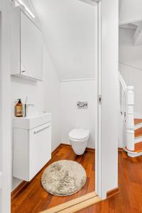 a white bathroom with a toilet and a sink at Auroras Friends Apartment in Tromsø