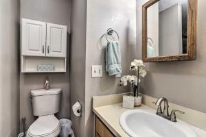 La salle de bains est pourvue de toilettes, d'un lavabo et d'un miroir. dans l'établissement Seminole Townhome Easy Access to Beaches!, à Seminole
