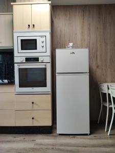 un frigorifero bianco accanto a un piano cottura e a un forno a microonde di CarreraHouses OCouto a Pontevedra