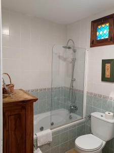 uma casa de banho com um chuveiro, um WC e uma banheira em Casa rural Las Peñas em Saucelle