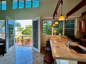 a kitchen with a sink and a view of a patio at Las Terrazas Los Chivos in Vieques