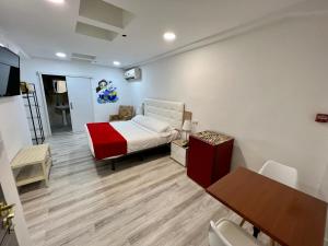 a bedroom with a bed and a table and a desk at Hotel Mexico in Madrid