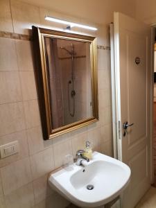 a bathroom with a sink and a shower with a mirror at La casa del fenicottero in SantÊ¼Angiolo a Lecore +12 photos