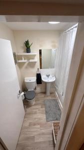 La salle de bains est pourvue de toilettes et d'un lavabo. dans l'établissement Central London spacious Studio, à Londres
