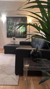 a living room with a black couch and a table at Central London spacious Studio in London