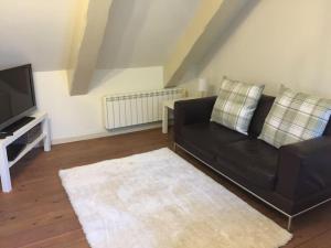 a living room with a black couch and a tv at Grove Farm Loft Annexe Includes Continental Breakfast in Lincoln