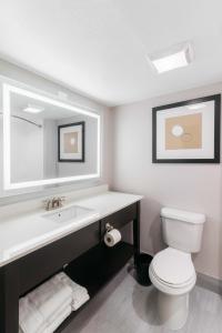 a bathroom with a toilet and a sink and a mirror at Country Inn & Suites by Radisson, Wolfchase-Memphis, TN in Memphis