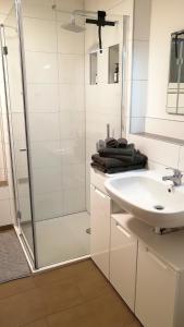 een witte badkamer met een wastafel en een douche bij Apartment mit Terrasse in Abstatt in Abstatt