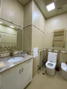 uma casa de banho com um WC, um lavatório e um espelho. em My Music Hotel Baku em Baku