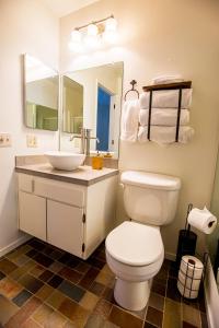 a bathroom with a toilet and a sink and a mirror at The Mammoth House in Mammoth Lakes