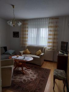 a living room with a couch and a table at Ferienwohnung-Havelsee in Hohenferchesar
