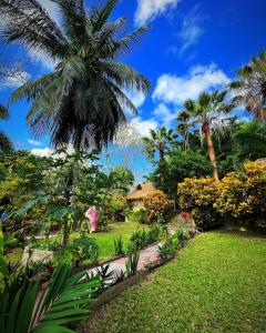 a garden with palm trees and a house in the background at Villa Santuario Lake front Oasis in Bacalar