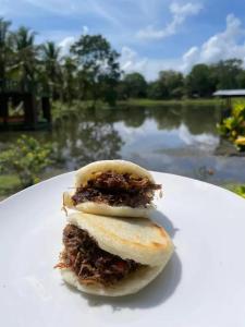 two sandwiches sitting on a white plate next to a river at Gatun Lake Lodge Hotel in Pueblo Nuevo