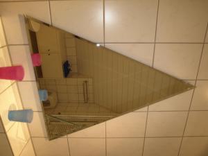 an overhead view of a bathroom with a mirror at Meerblick Heringsdorf in Heringsdorf