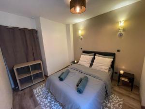 a bedroom with a bed with two pillows on it at Spacieux T2 avec parking à 200 m Cathédrale in Chartres
