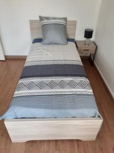 a bed in a room with a wooden floor at Le p’tit Bragard in Saint-Dizier +5 photos