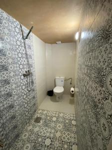 een badkamer met een douche en een toilet. bij Berber Nomad Kasbah in Nkob