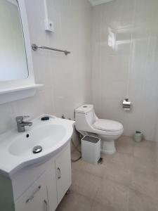 a white bathroom with a toilet and a sink at Villa Palmira 6 suites avec piscine 5 min à pied de la plage Pereybere in Pereybere