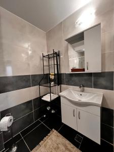 La salle de bains est pourvue d'un lavabo, d'un miroir et d'une étagère. dans l'établissement Libertatii Gardens Residences, à Otopeni