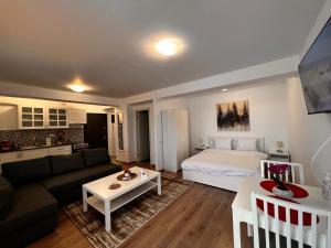 - un salon avec un lit et un canapé dans l'établissement Libertatii Gardens Residences, à Otopeni