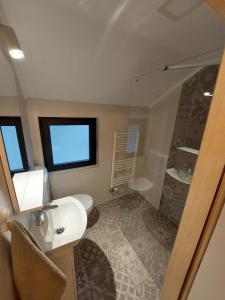 een badkamer met een toilet, een wastafel en een douche bij Vila Dalma in Divčibare