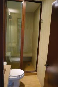 uma casa de banho com um WC e uma cabina de duche em vidro. em MASIA ARAMENI em Umecuaro