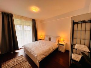 a bedroom with a bed and a window and two lamps at Libertatii Gardens Residences in Otopeni