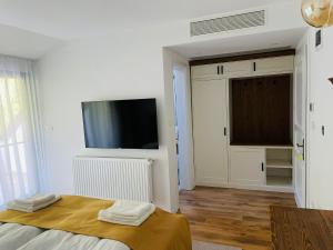 Camera bianca con letto e TV a schermo piatto. di Hanul cu Sălcii a Călimăneşti