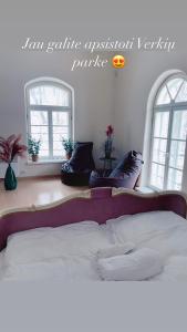 a bedroom with a large bed and two windows at Krioklio Namelis Verkiuose in Vilnius