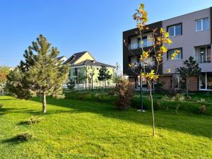two trees in a yard in front of a building at Libertatii Gardens Residences in Otopeni