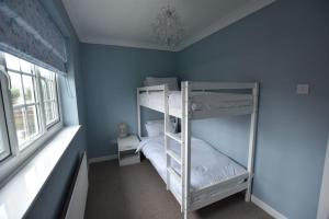 1 dormitorio con 2 literas en una pared azul en The Nutshell, a Luxury mews property!, en Southport