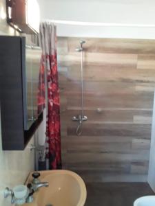 baño con lavabo y cortina de ducha roja en daniela en Santa Teresita