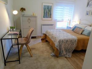 奧維多的住宿－Espectacular Piso Centro de Oviedo，一间卧室配有一张床、一张桌子和一把椅子