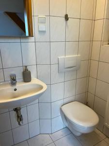 La salle de bains est pourvue d'un lavabo et de toilettes. dans l'établissement Urlaub nicht nur für Monteure "K3", à Gera