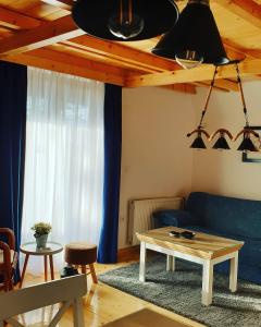 sala de estar con sofá azul y mesa en Šumske priče Divčibare, en Divčibare